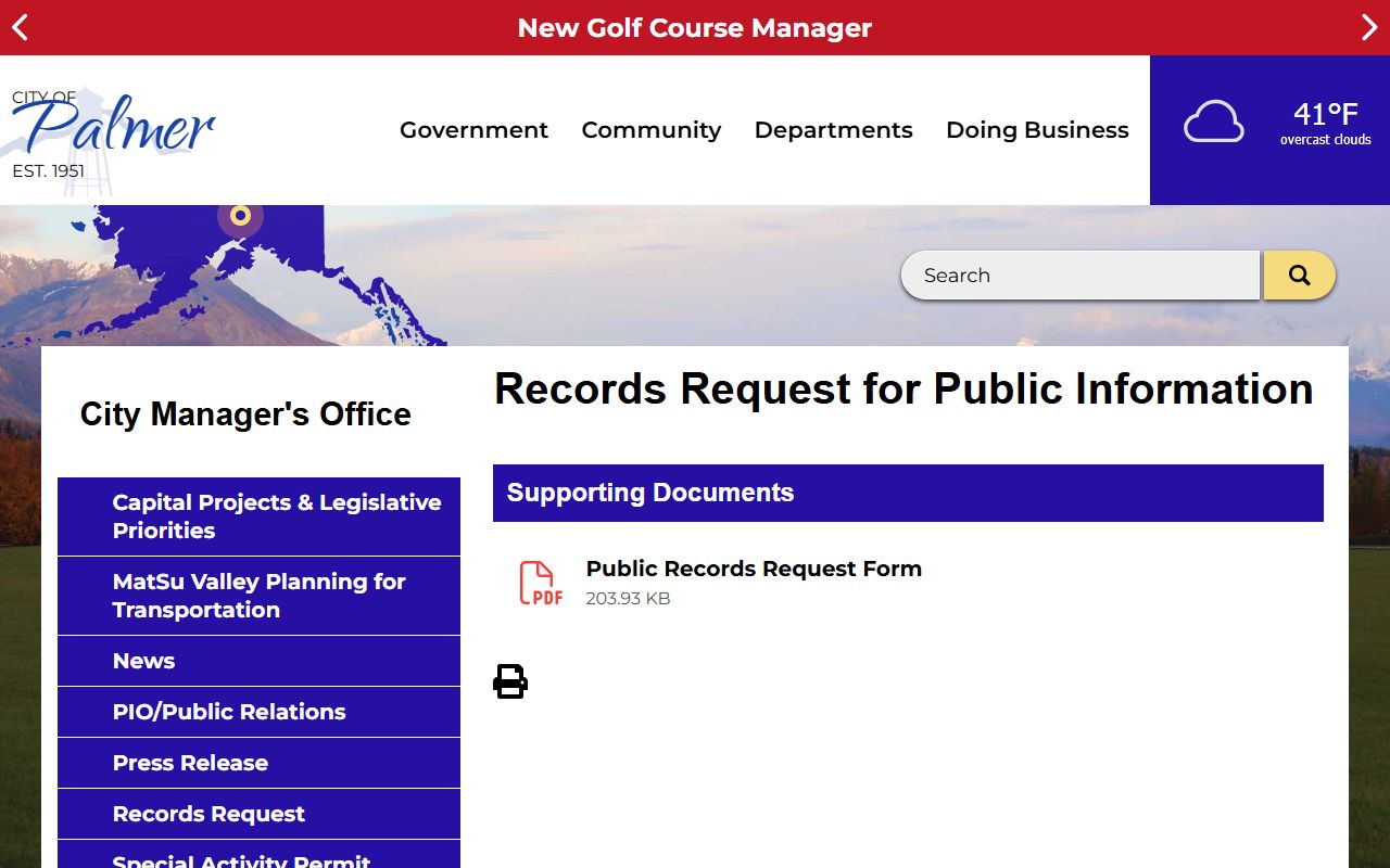 City of Palmer public records request page