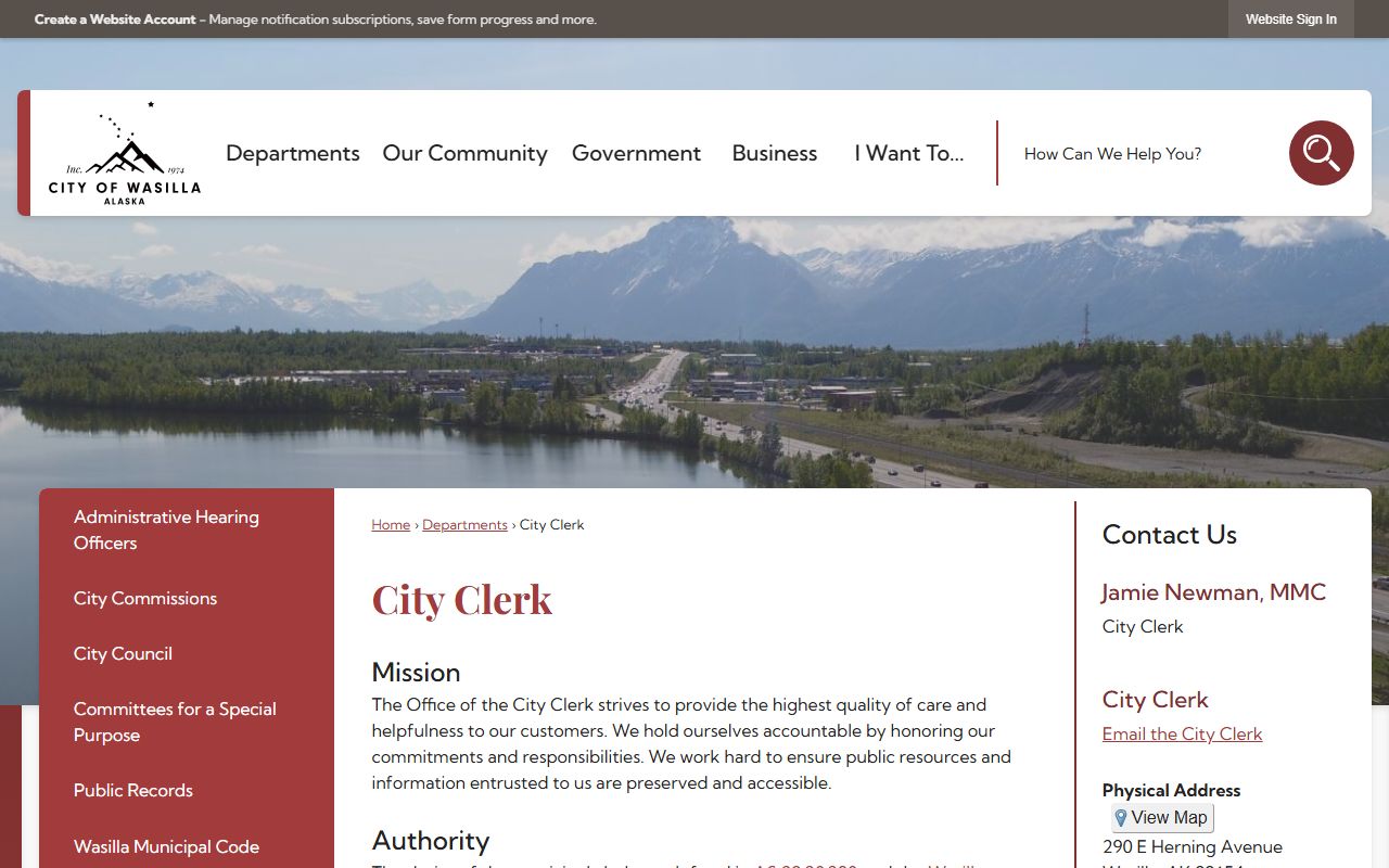 City of Wasilla Clerk's Office page showing public records services