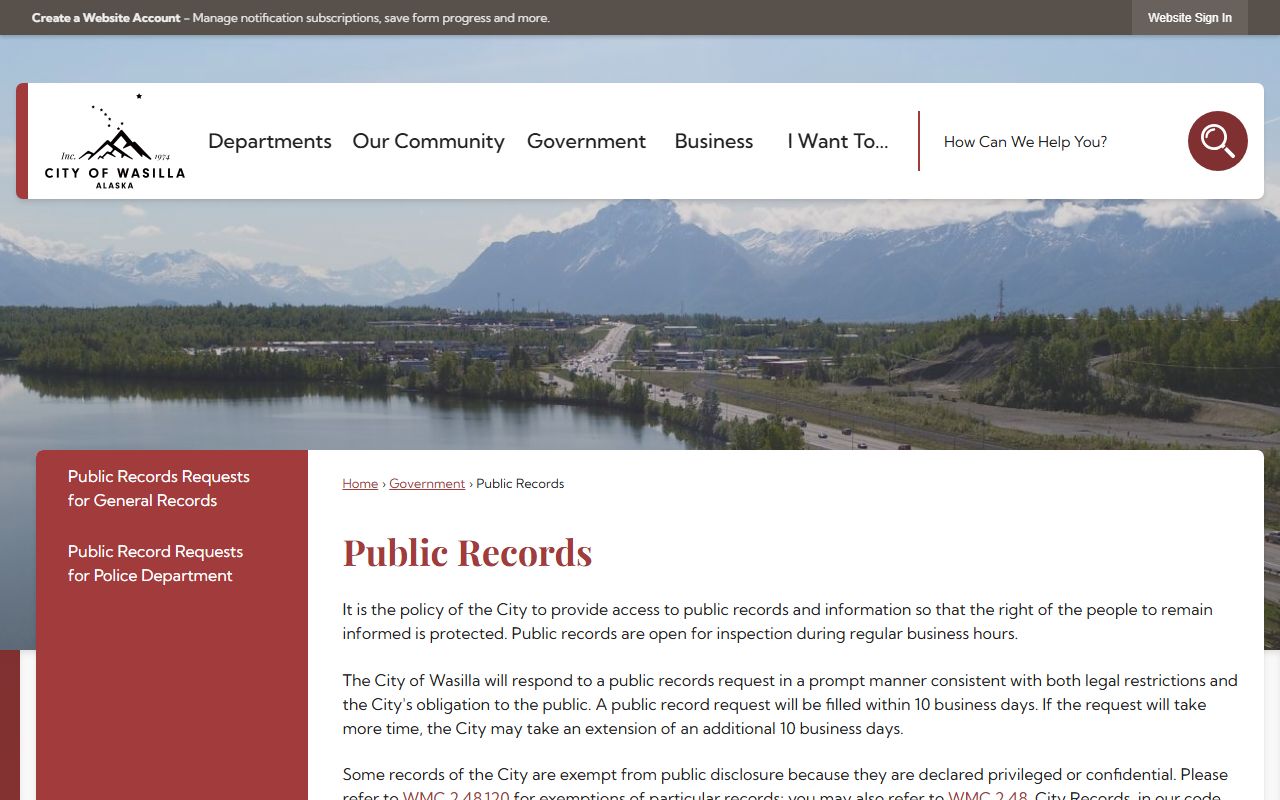 City of Wasilla public records request page