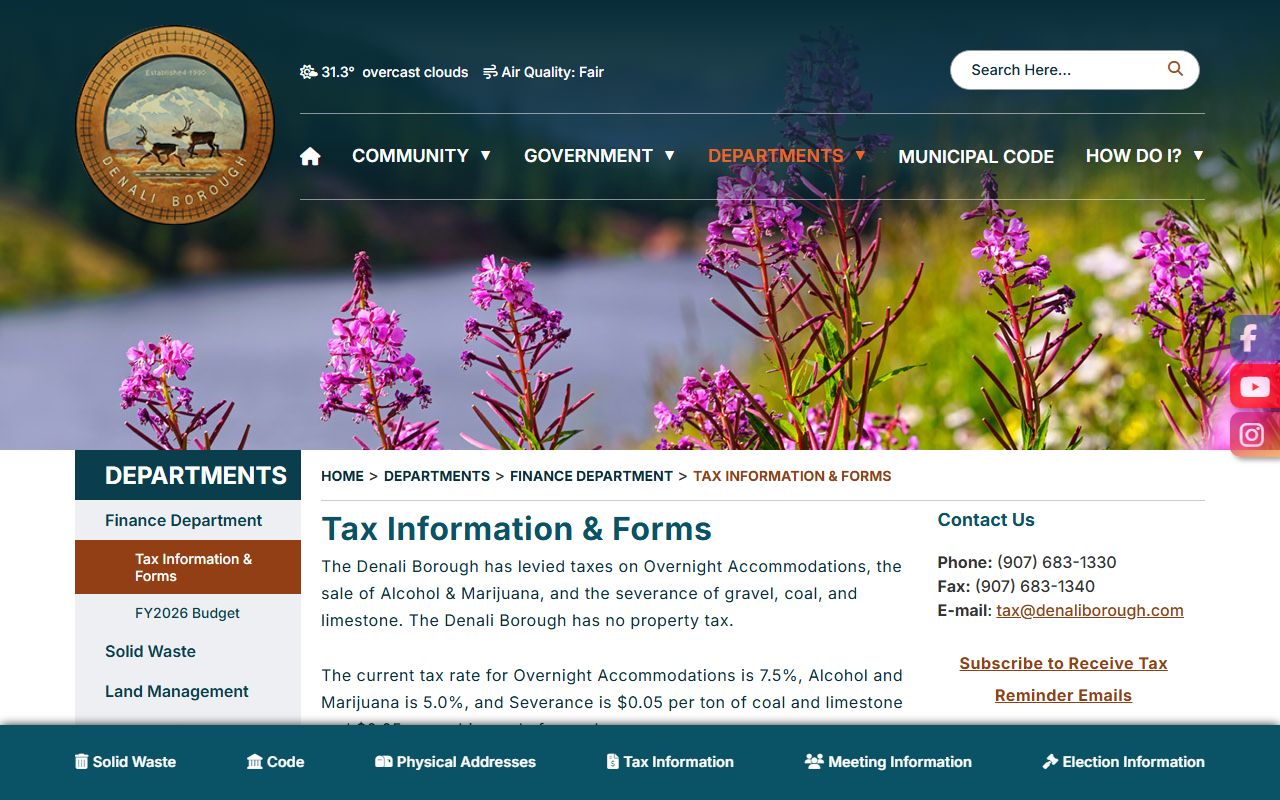 Denali Borough tax information page showing no local property tax