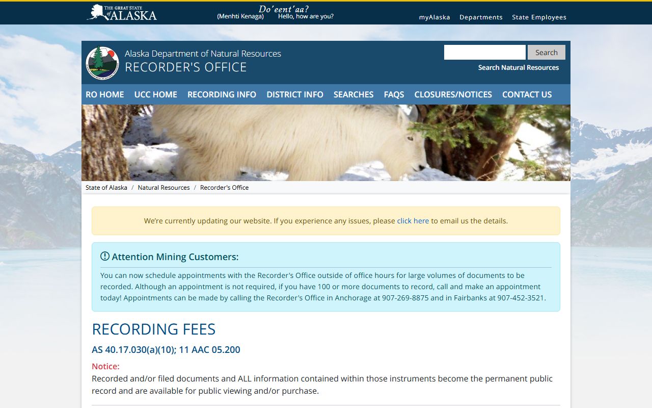 Alaska deed records DNR Recorder's Office fee schedule page