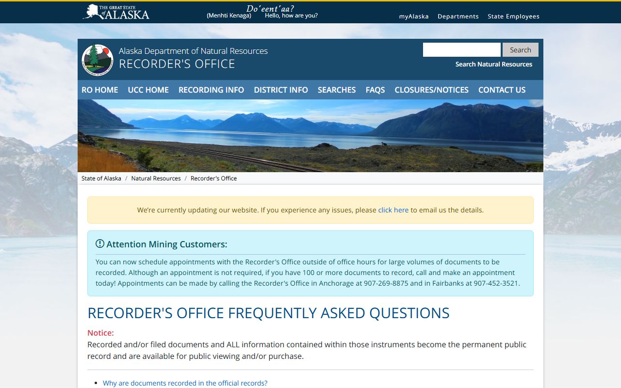 Alaska deed records DNR recording FAQ document types list